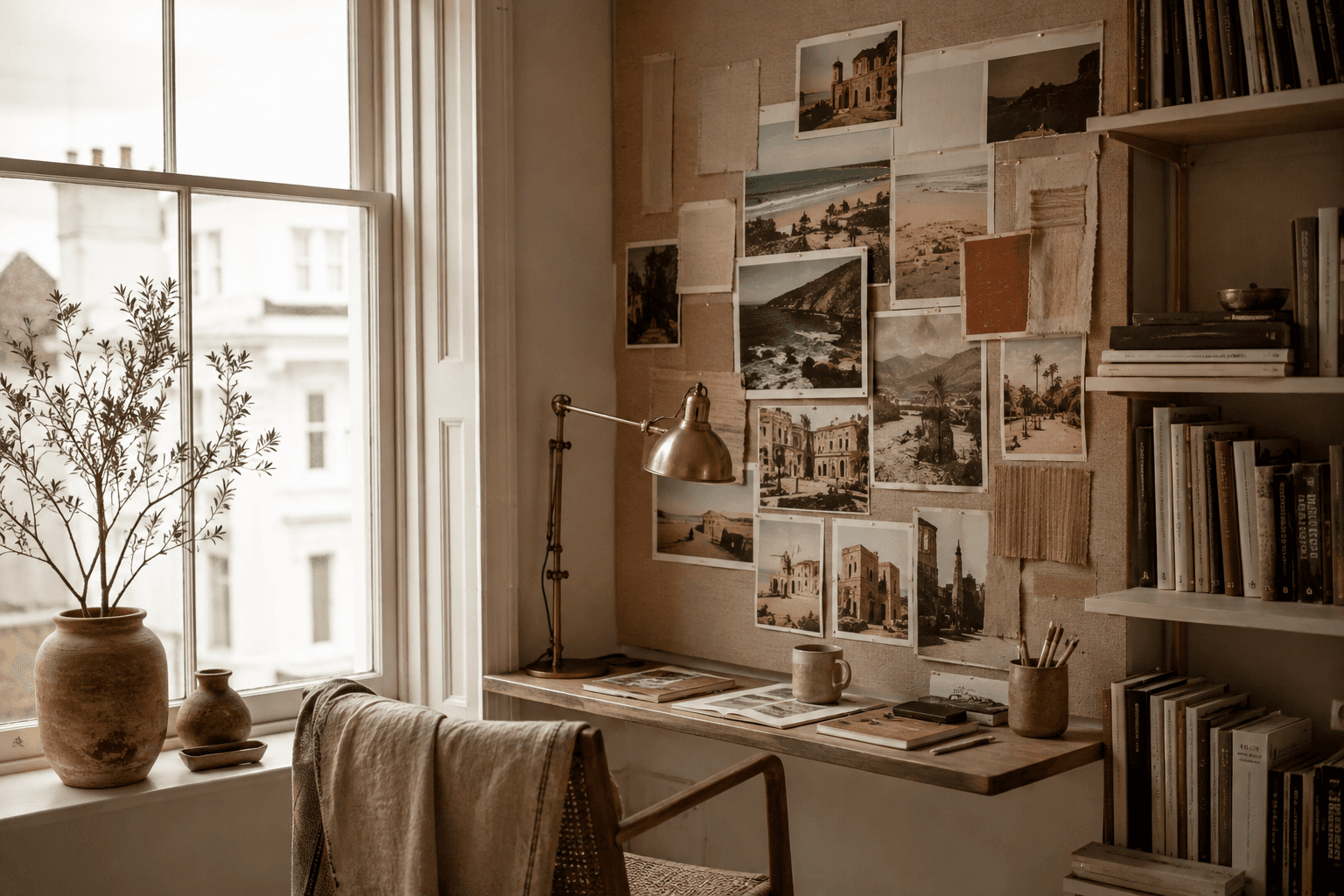 Sunlit studio desk with travel prints and a moodboard